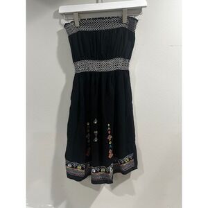 Poetry Clothing Black Embroidered Strapless Smocked Mini Dress Boho Women M